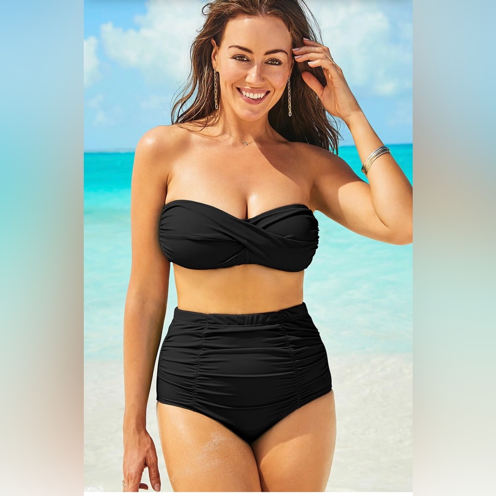 Burgundy high waisted, bathing suit.